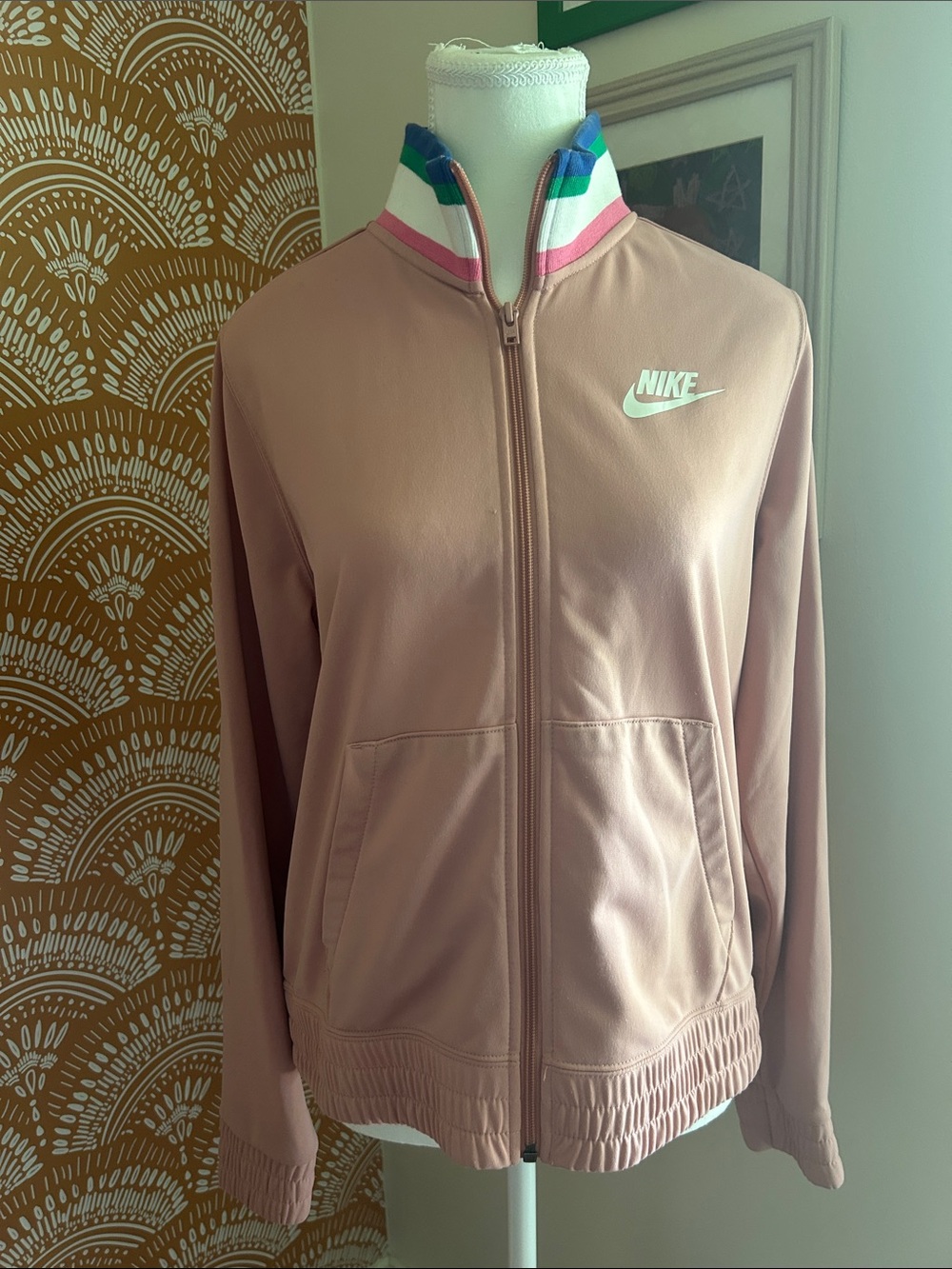 Nike Women's Dusty Pink Jacket with Multicolor Stripe Collar